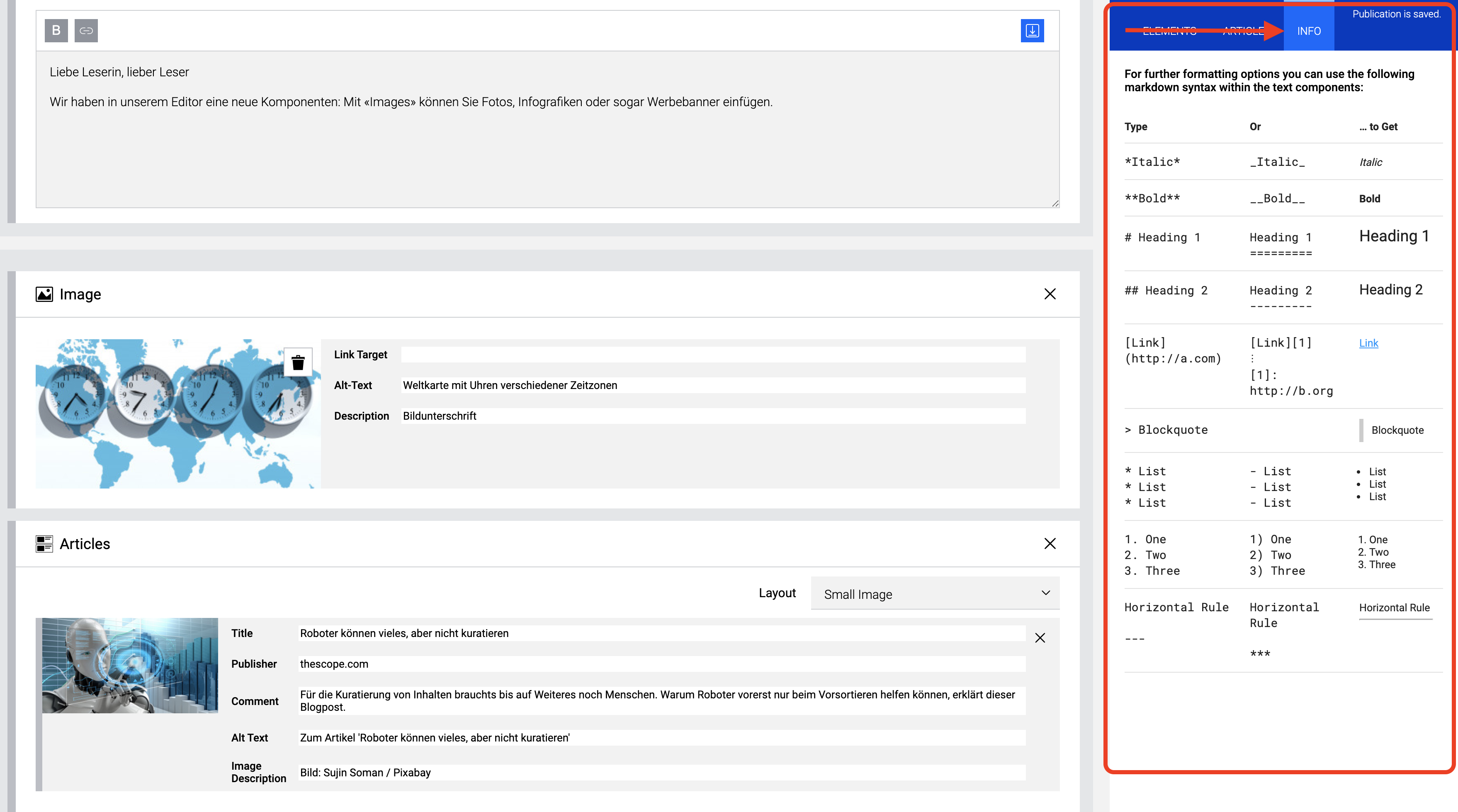Screenshot: Informationen zu Markdown