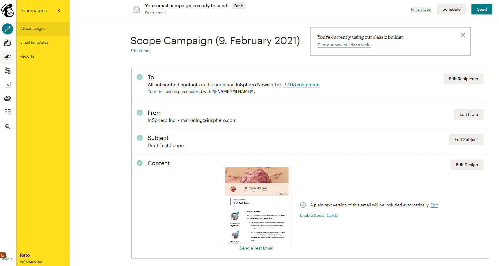 Screenshot Mailchimp von insphero